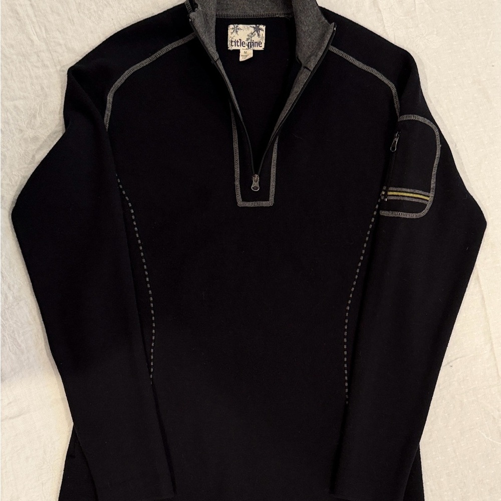 Title Nine Women’s 1/4 Zip-Up Black Sweater with Gray Piping